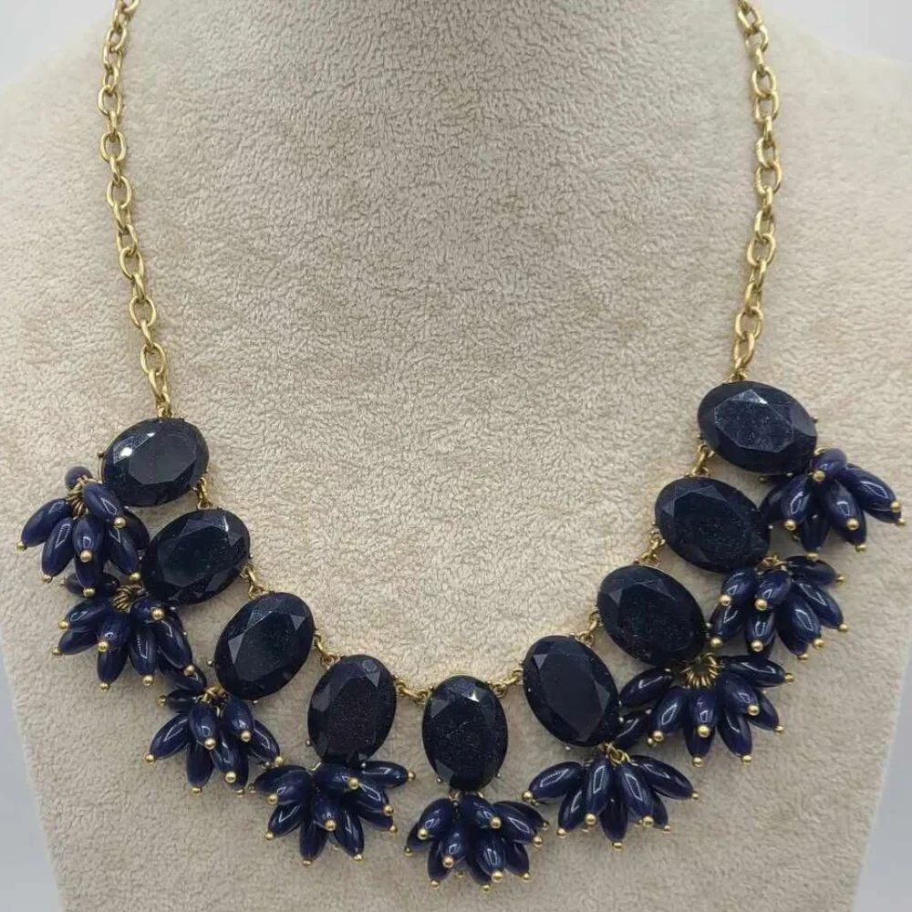J Crew Navy Beaded Chunky Statement Necklace